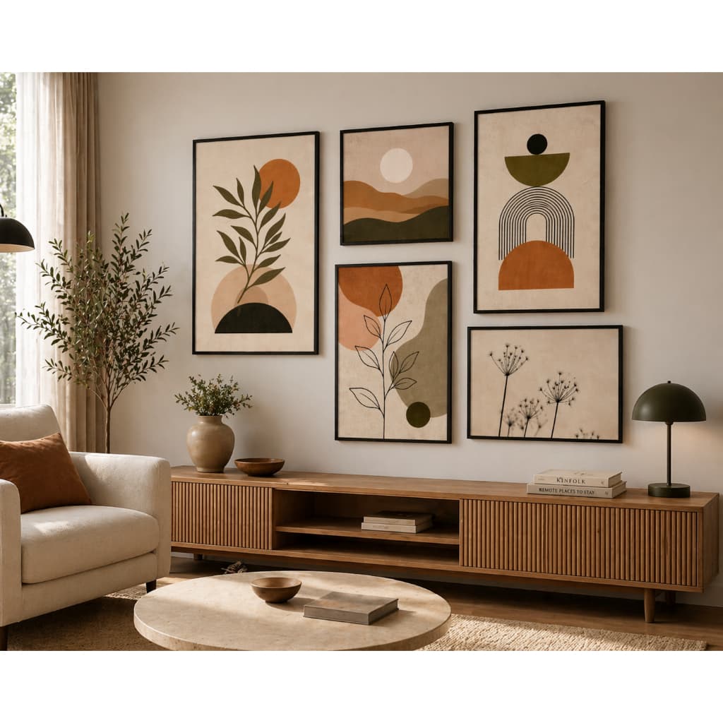 Kit 5 Quadros Boho Abstratos Premium Decoração Moderna Sala/Quarto Alto Padrão