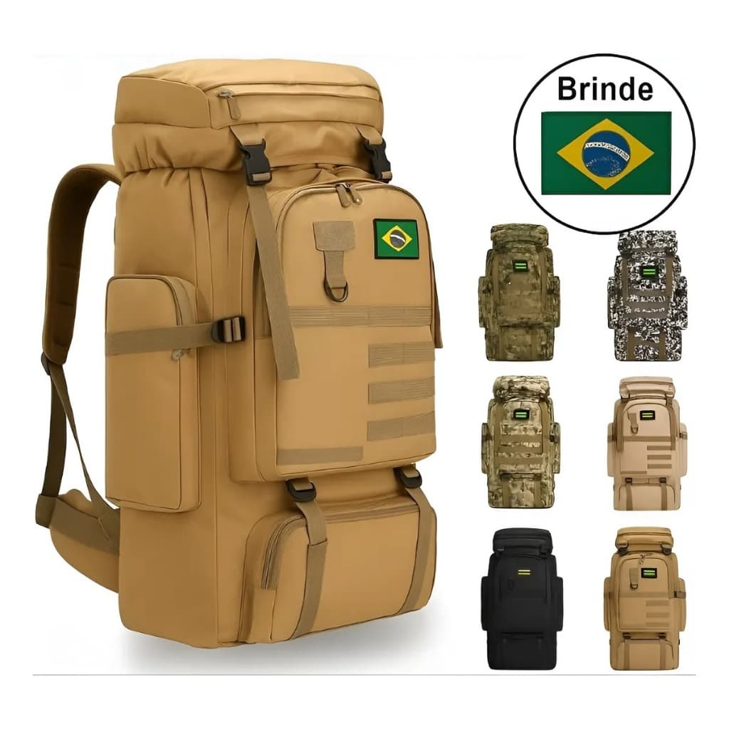 Mochila Camping Camuflada 80l Cargueira Impermeável + Patch BR