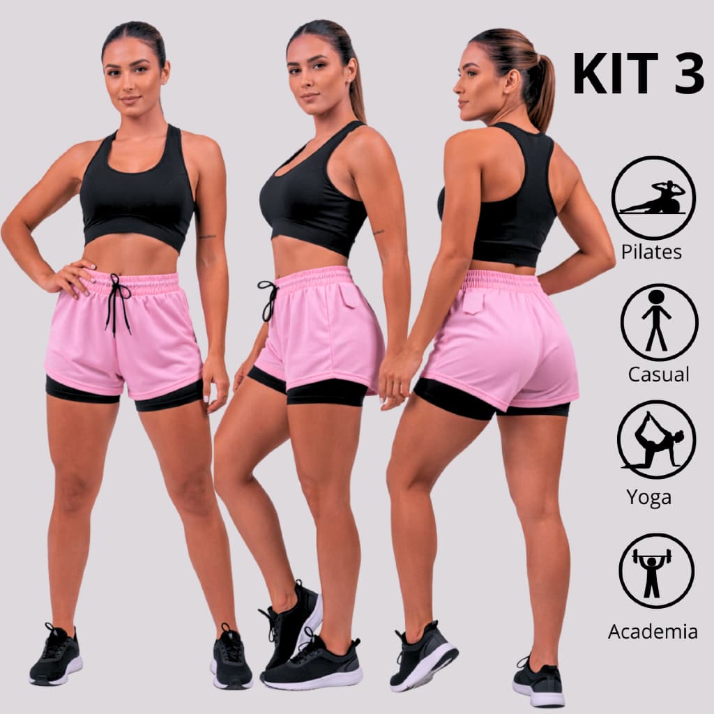 KIT 3 SHORT FEMININO BERMUDA DRYFIT DUPLA COMPRESSAO TREINO CORRIDA CAMINHADA BOLSO CELULAR P M G GG