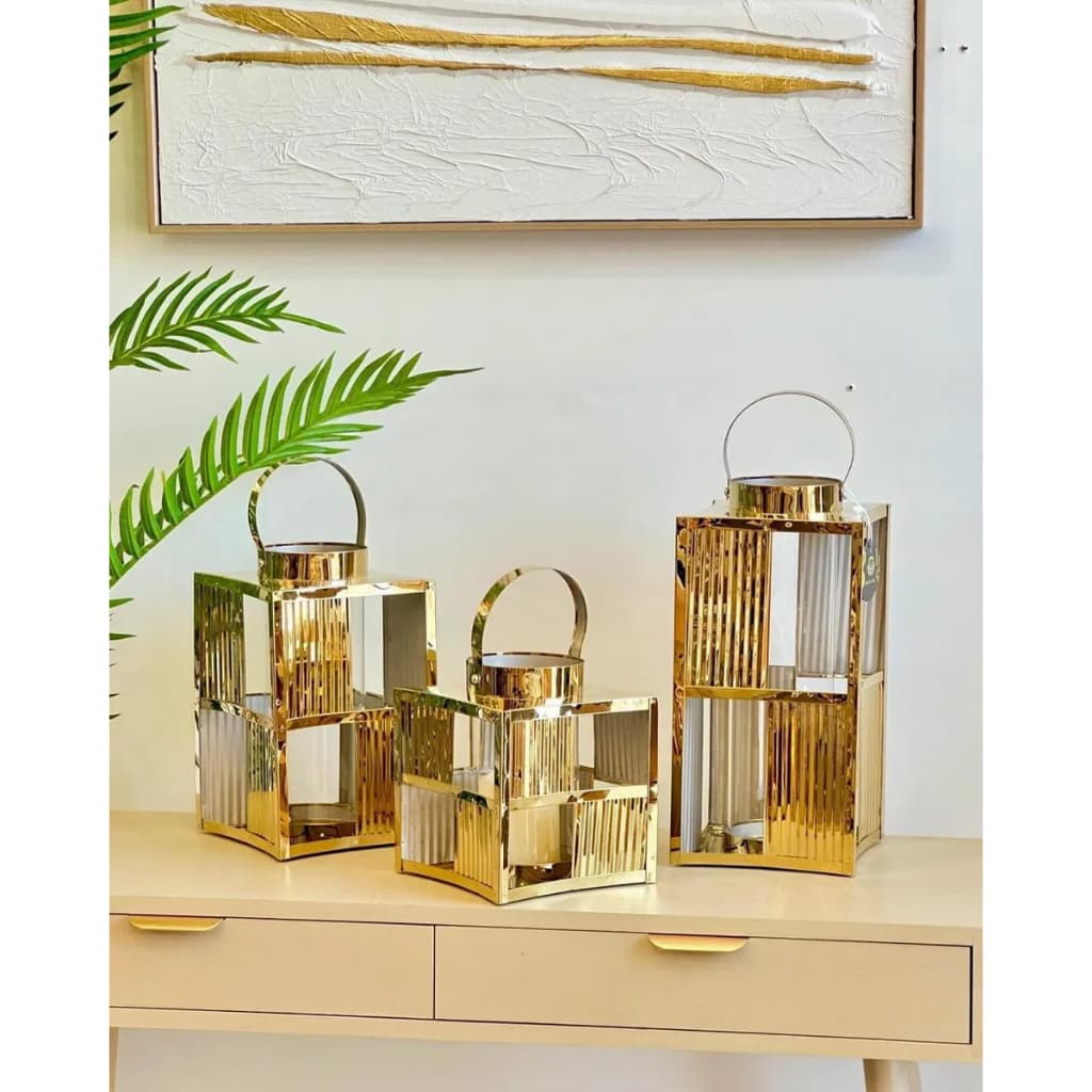 Kit 3 Porta Velas Dourado Luxo Vidro Aço Inoxidável