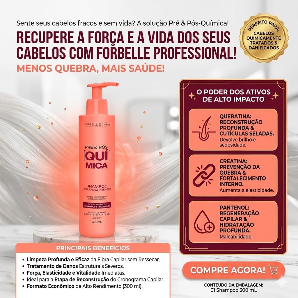 Shampoo Reparação Intensiva Pré E Pós Química 300mL Forbelle Professional