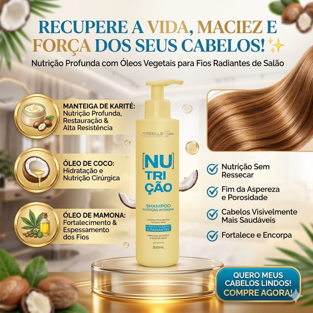 Shampoo Nutrição Intensiva Forbelle Professional 300 mL - (Karité, Coco e Mamona)