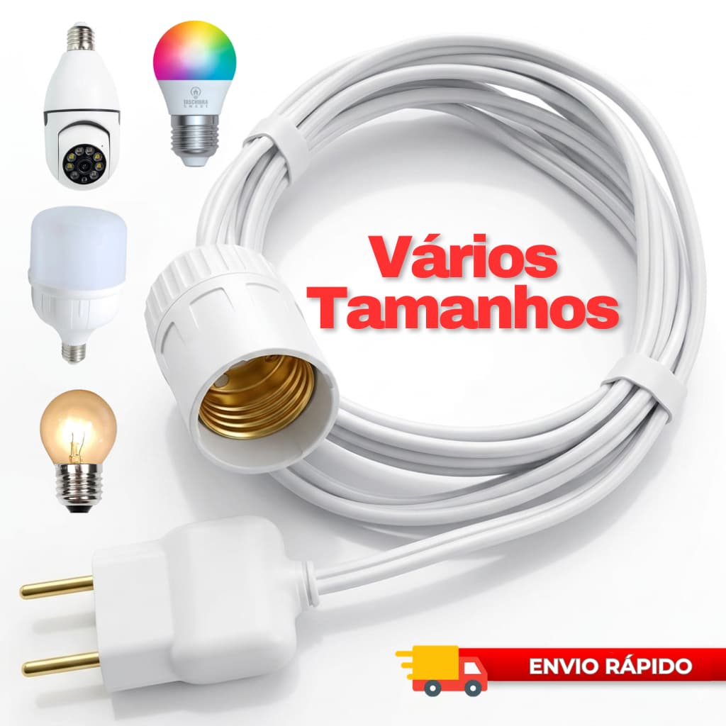 Soquete Com Rabicho Extensor Bivolt 10A Para Tomada Lâmpada Rosquear 1 / 3 / 5 / 10  Metros - Branco