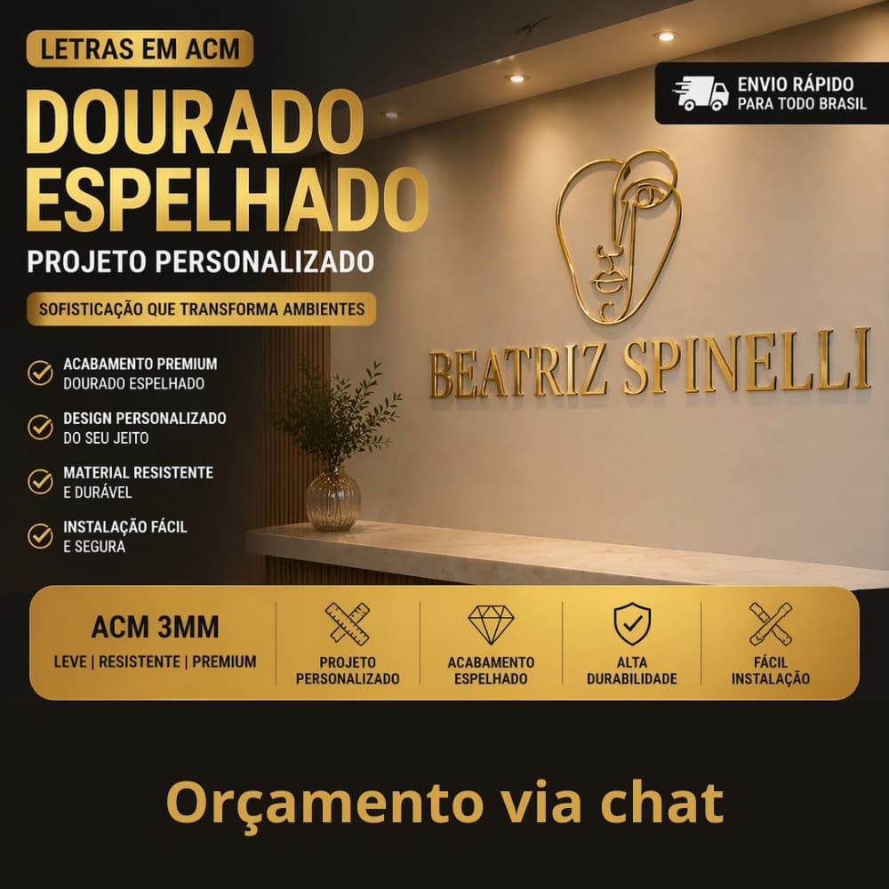Letra Caixa Dourado Espelhado ACM  Personalizada, Nome,Logo para Fachada, Sala Comercial e Decoração