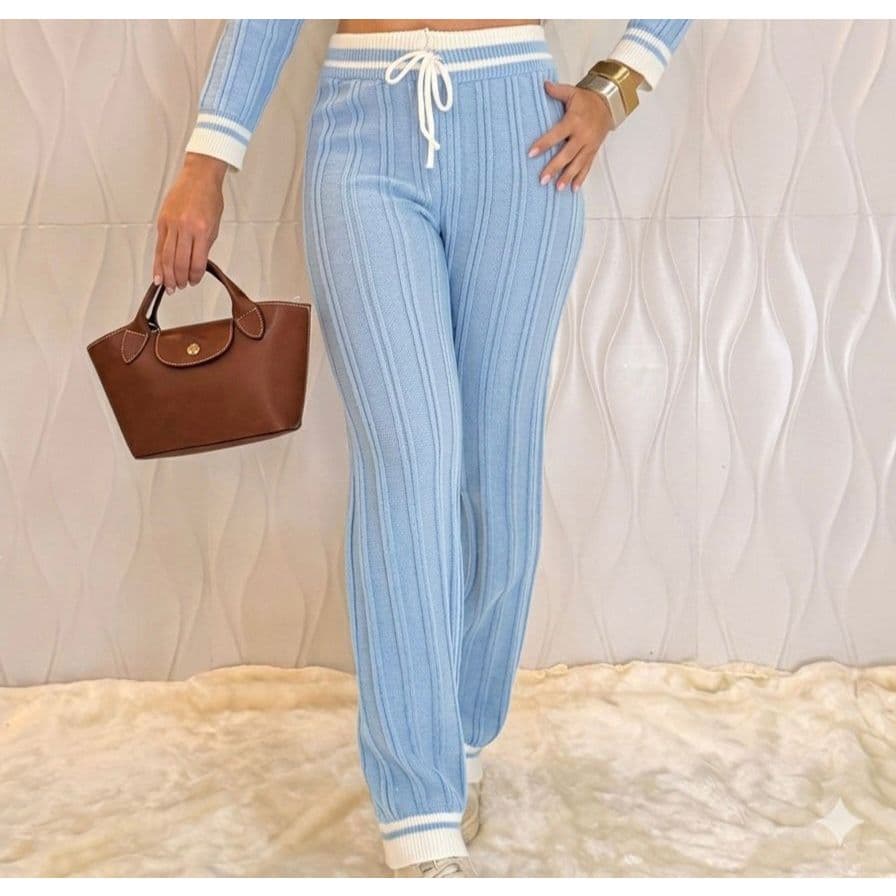 Calça Feminina Tricot  Modal Wide Leg com Cordão Detalhes em Listras Calça Moletom Versátil Inverno Pantalona