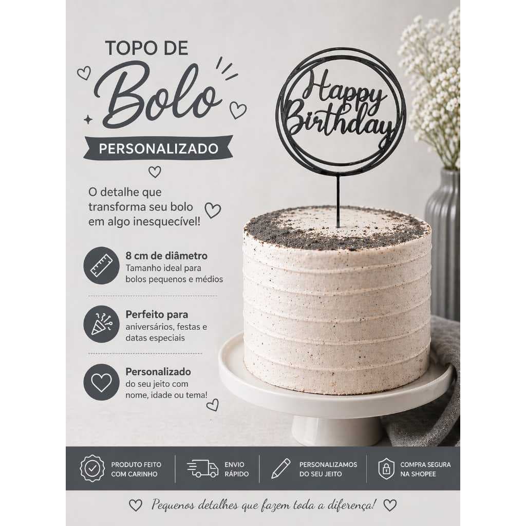 Topo de Bolo Happy Birthday Personalizado kit com 5, 7 e 10 Peças | Cake Topper 3D | Festa Aniversário | Nome Idade Tema