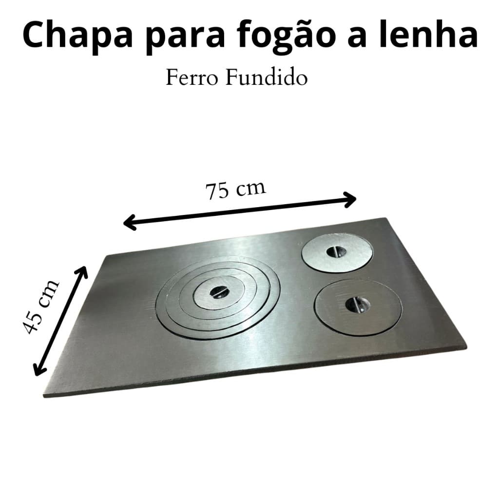 Chapa De Fogão A Lenha 3 Furo Ferro Fundido Polida 45x75 Cm