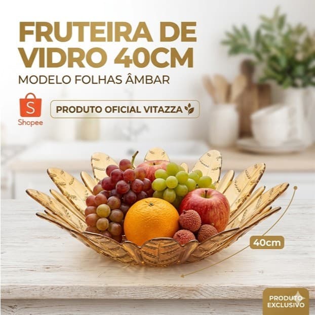 Fruteira Vidro Ambar 40cm Centro De Mesa Folhas Vitazza