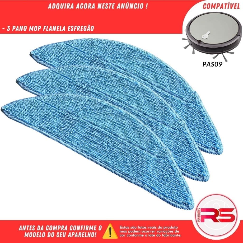Kit 3 Panos Mop Esfregão Flanela Para Robô Aspirador COMPATÍVEL-PHILCO PAS09 SERIE A B ou C