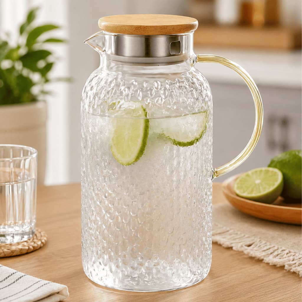 Jarra de Água Garrafa Vidro com Tampa Bambu Suqueira Suco 1,8L