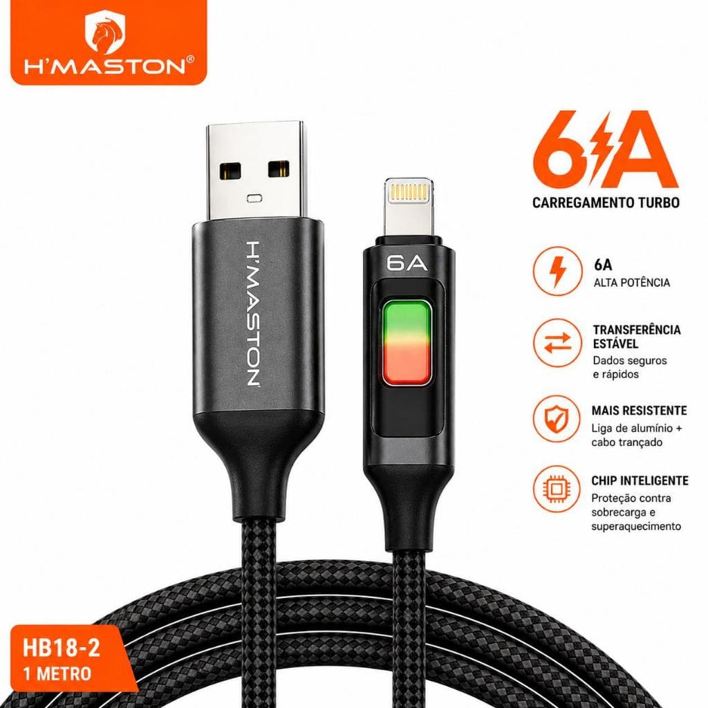 Cabo iPhone H'maston USB para Lightning Turbo 1 Metro iPhone 11 12 13 14 Pro Max Reforçado