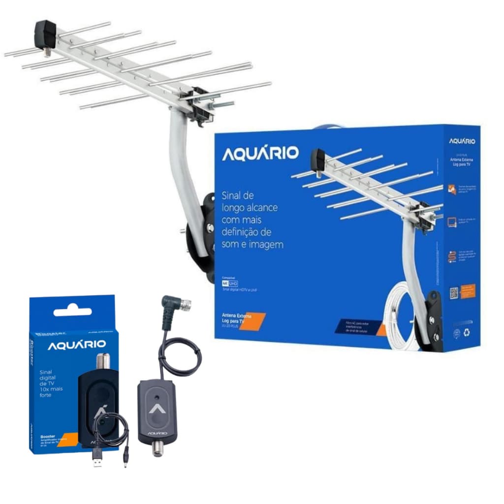 Antena Digital Externa Log 20 Elementos HDTV UHF 4K com Filtro 4G Cabo 10m com amplificador 38 DBI