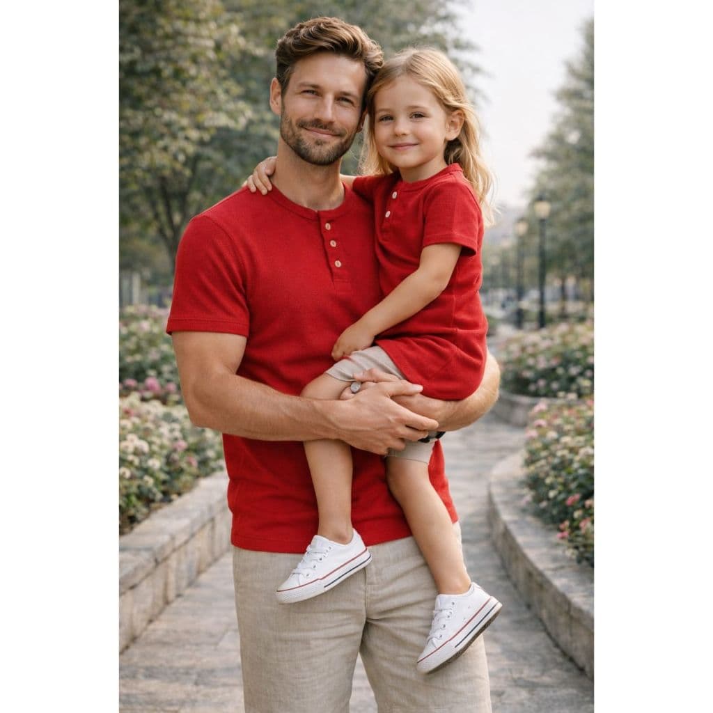 PAI E FILHA - T-Shirt Adulto + Vestido Infantil - Henley - Vermelho