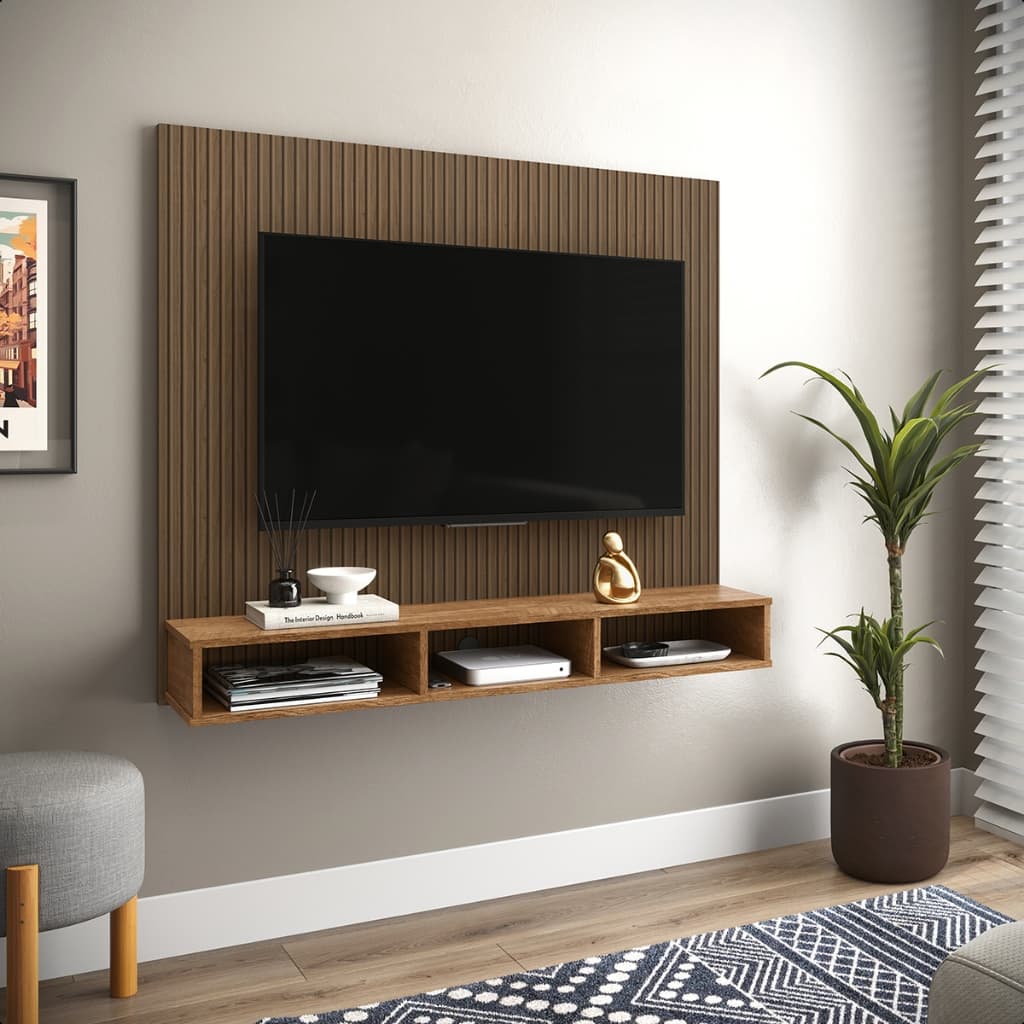 Painel Decorativo Ripado 3D para TV com Nichos e Prateleira