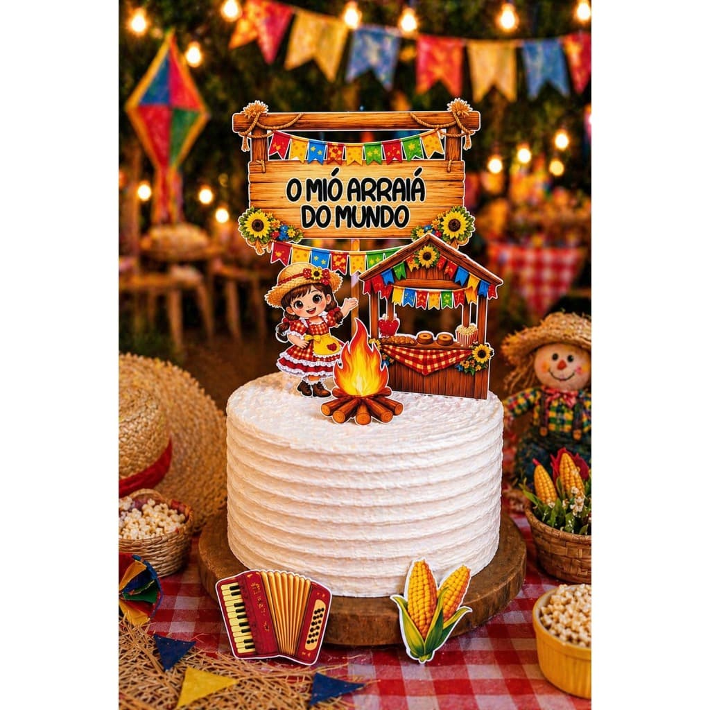 Topo de Bolo Festa Junina " Mió Arraiá do Mundo" ou Nome e Idade na placa, Decoração de bolo, Enfeite de Bolo