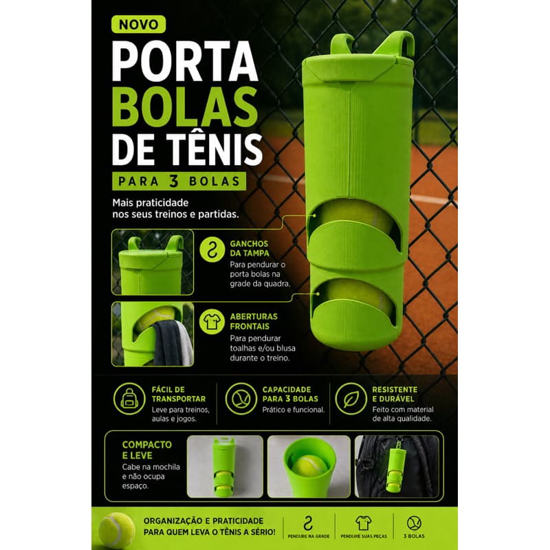 PORTA BOLAS DE TÊNIS PARA 3 BOLAS – PRATICIDADE TOTAL NA QUADRA