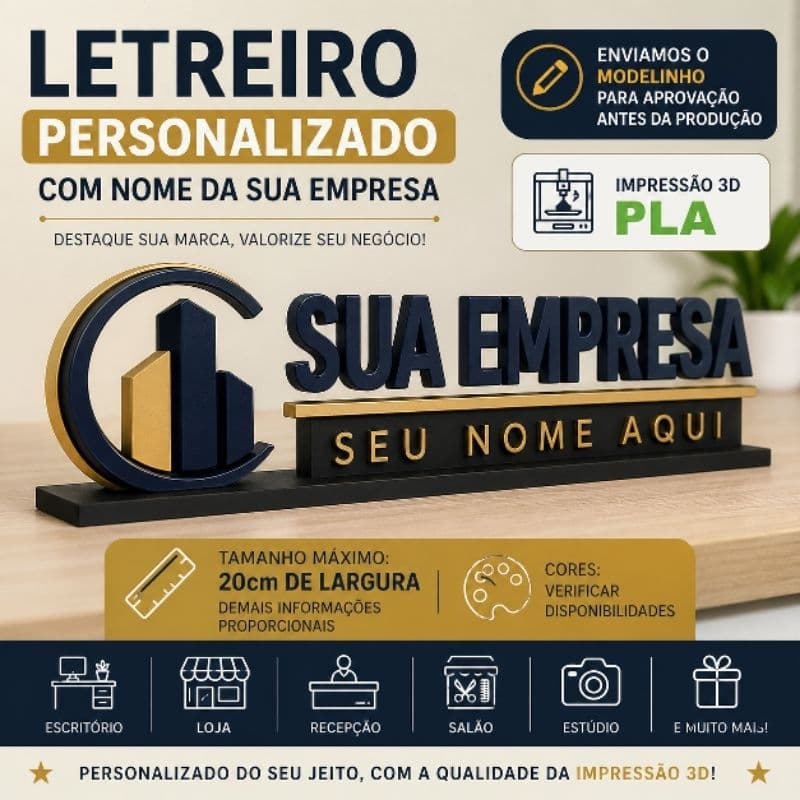 Letreiro Personalizado Nome Empresa Logo Decorativo Fachada Mesa Escritório Impressão 3D Encomenda até 18cm de largura