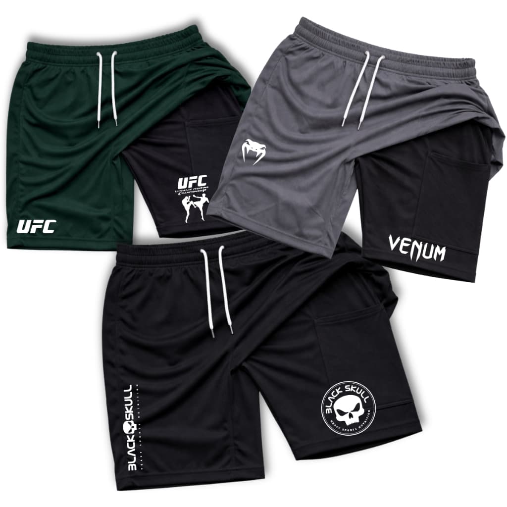 Kit 3 Bermuda Compressão Shorts Com Elastano Caveira/UFC02/VNM Dry Fit Confortavel Treino Esportes