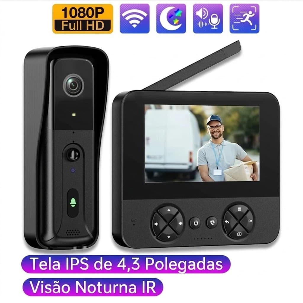 Campainha Com Câmera Vídeo Porteiro Sem Fio Wi-Fi Tela 4.3 Áudio Vídeo HD Visão Noturna
