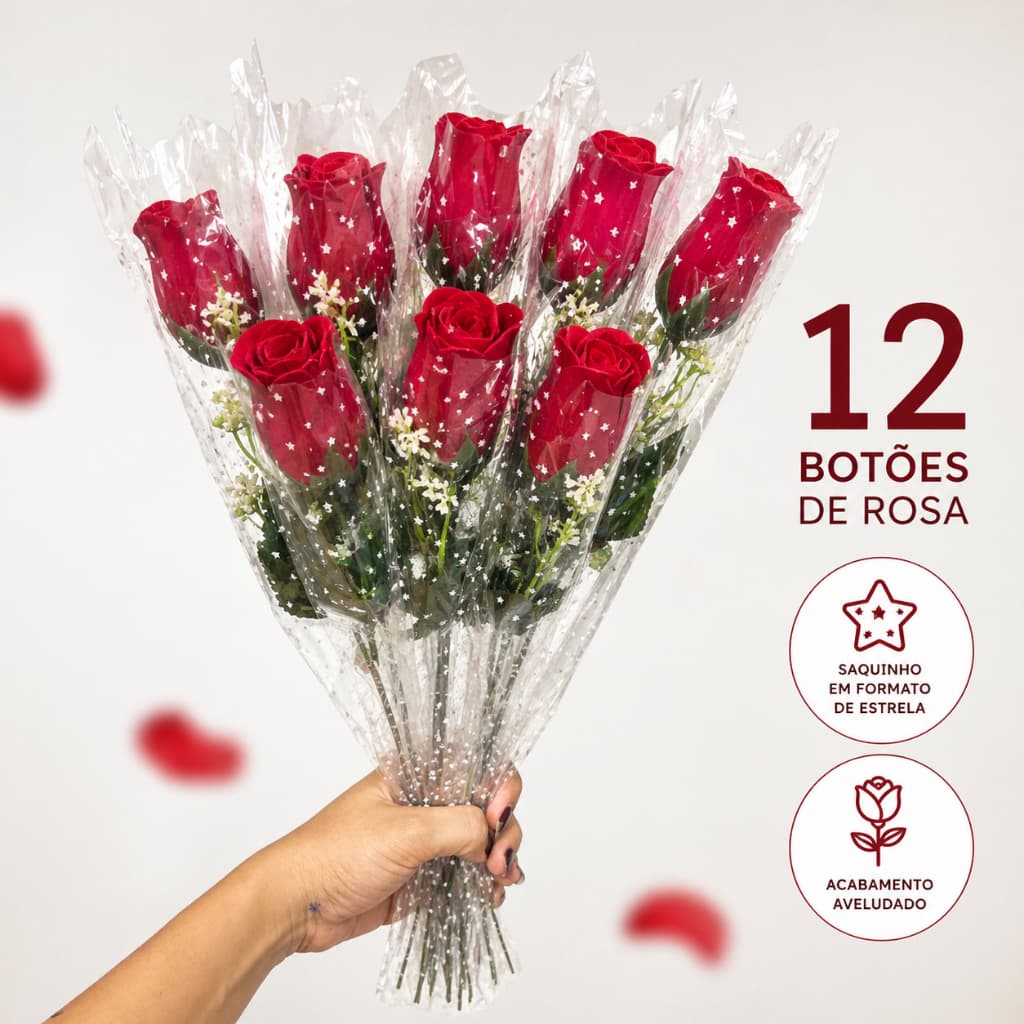 Kit 12 Botões rosas vermelhas artificiais para decoração rosas artificiais com saquinho celofane