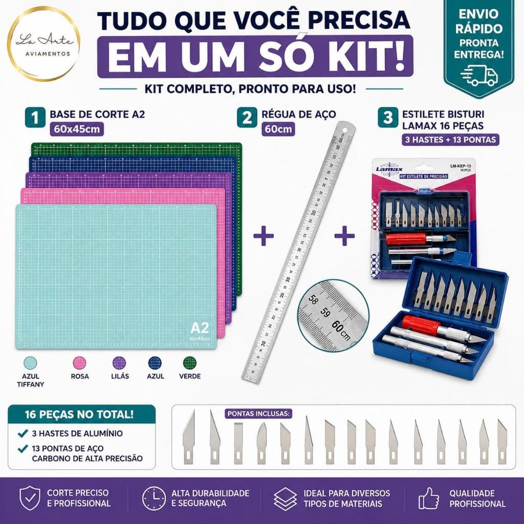 Kit Base de Corte A2 60x45 Profissional + Régua Aço 60cm + Estilete Bisturi Lamax 16 Peças Patchwork Scrapbook Artesanat