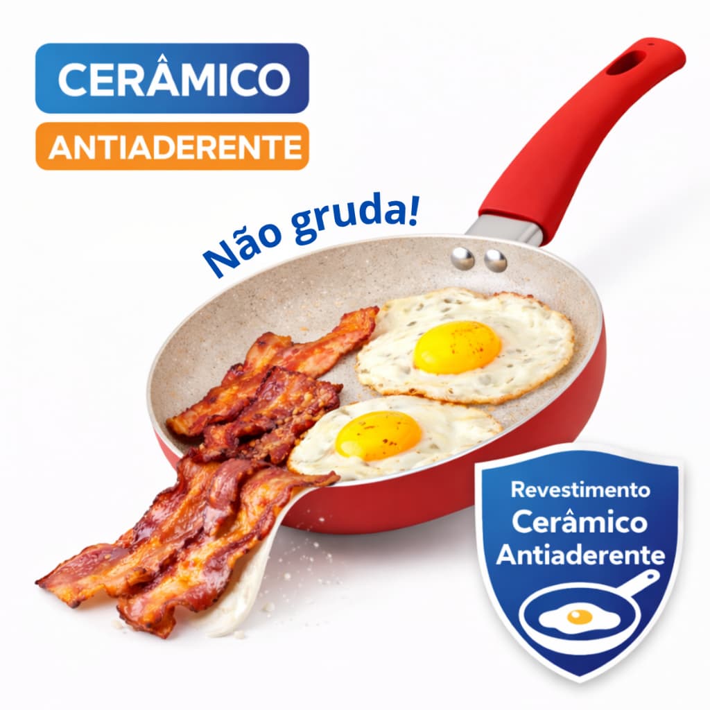 Frigideira Antiaderente Revestimento Cerâmico 20 cm Não Gruda Gás Elétrico Indução Cabo Emborrachado