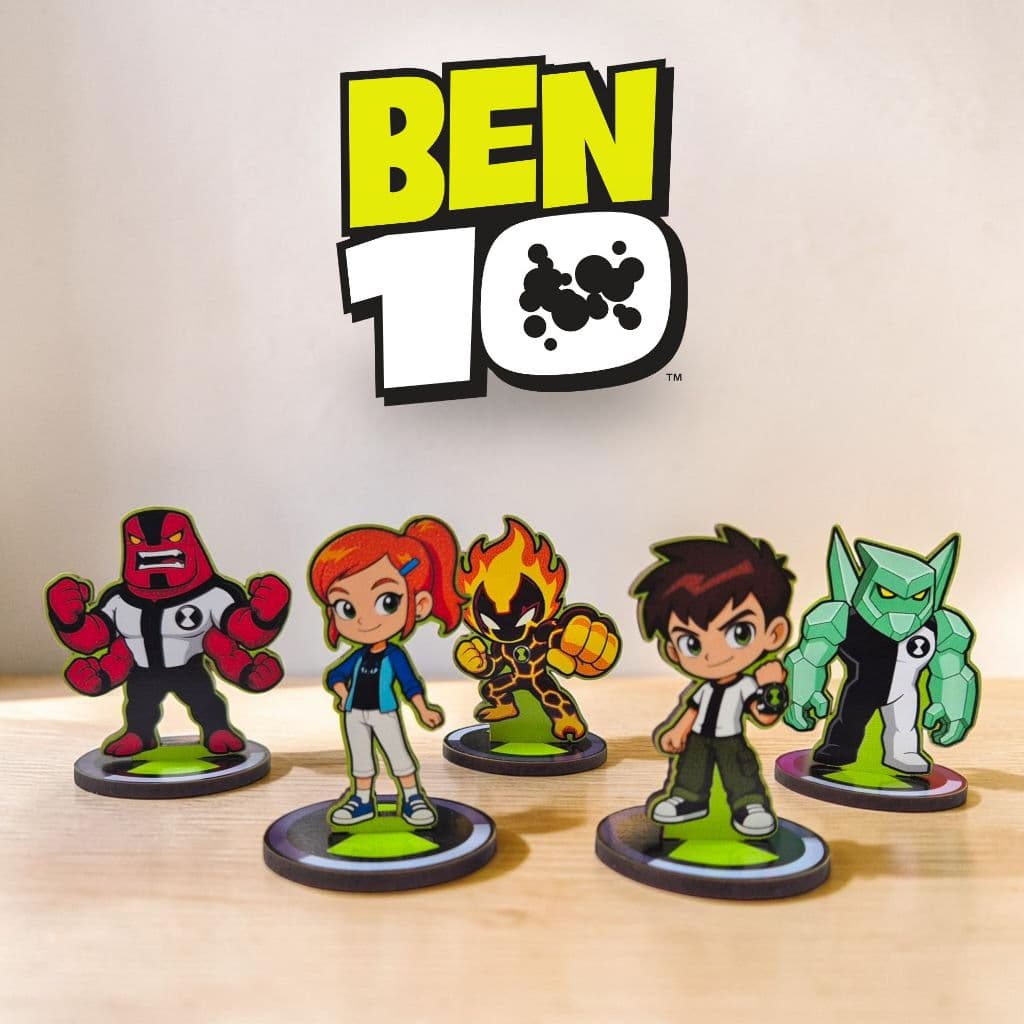 Kit 5 Totens Ben 10 em MDF 7cm – Ben, Gwen, Quatro Braços, Chama e Diamante
