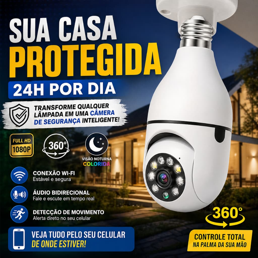 Câmera Lâmpada WiFi 360° Full HD Visão Noturna Áudio App Segurança IP Bivolt