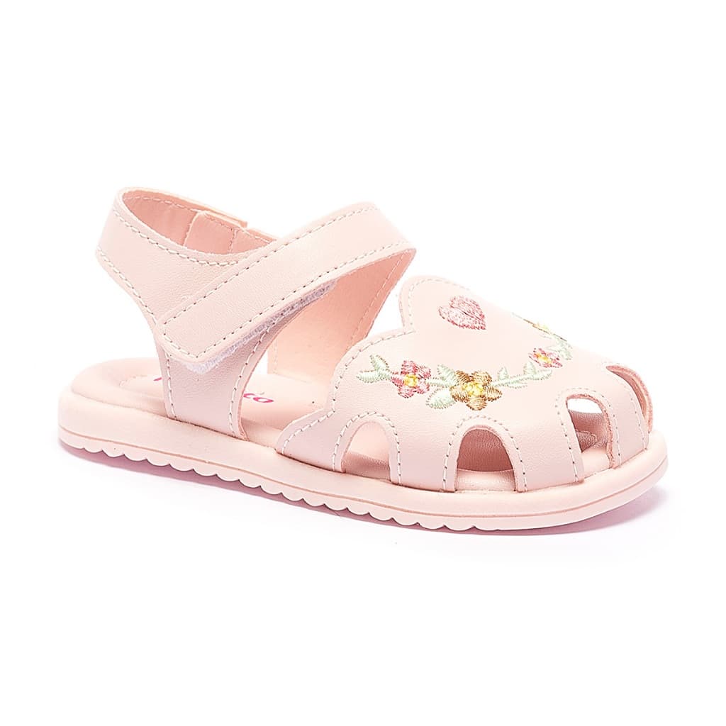 Sandália Infantil Baby Menina Floral Coração Bordado 95314 Pequito