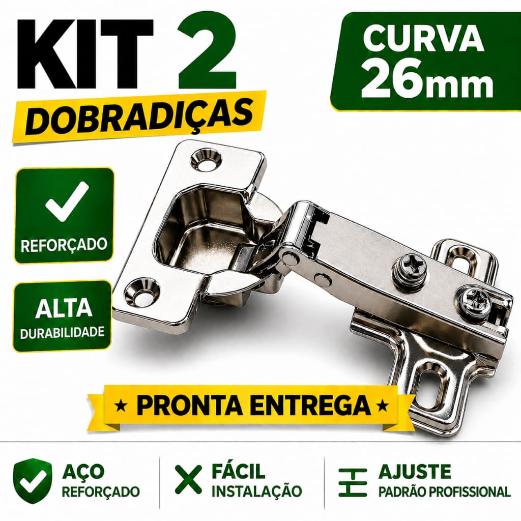 Kit 2 Dobradiça 26mm Curva Armário Porta Móveis Cozinha Guarda Roupa