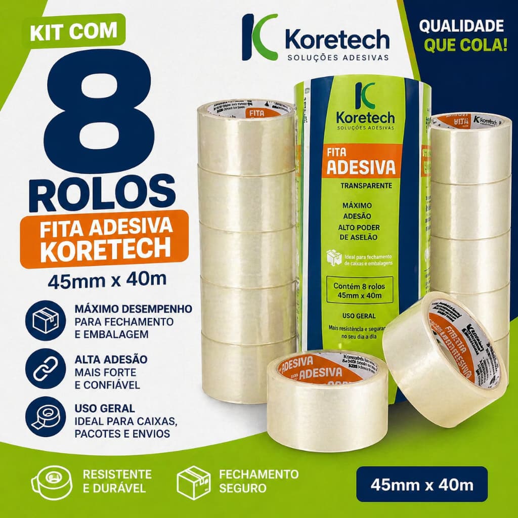 8 Rolos de  Fita para Embalagem Koretech 45mm x 40m Transparente