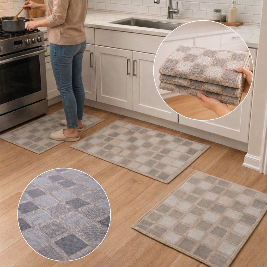 Kit Tapete Com 3 Peças Para Cozinha Cômodos Enxoval Quadriculado Cinza