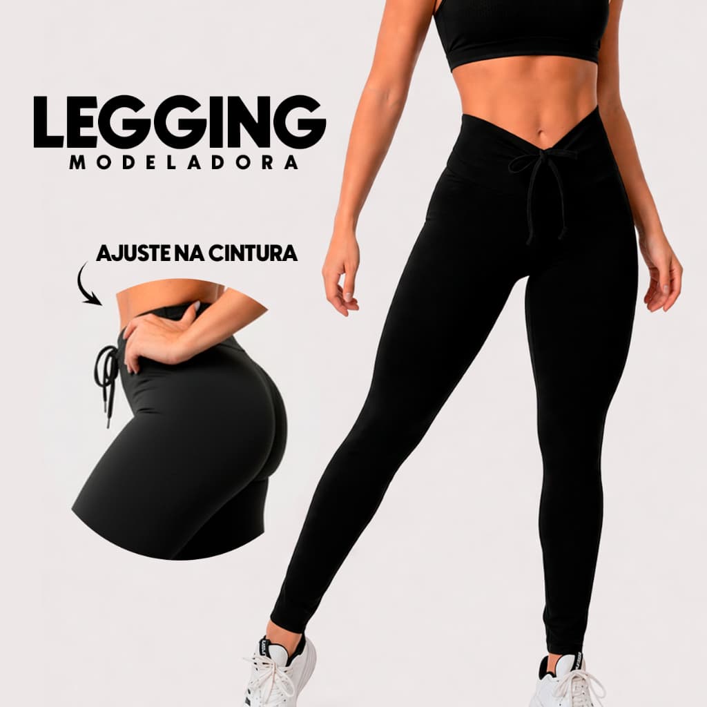 Calça Legging Fitness Modeladora Esportiva Preta Cintura Alta com Cordinha para Treino Academia Corrida