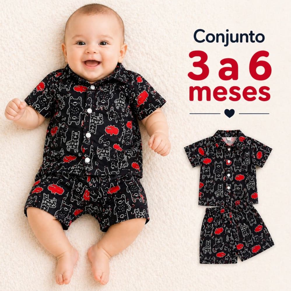 Conjunto Bebê Masculino Mauricinho Tactel Verão Camisa Polo Estampada + Shorts Leve Fresquinho Secagem Rápida 3-6 Meses