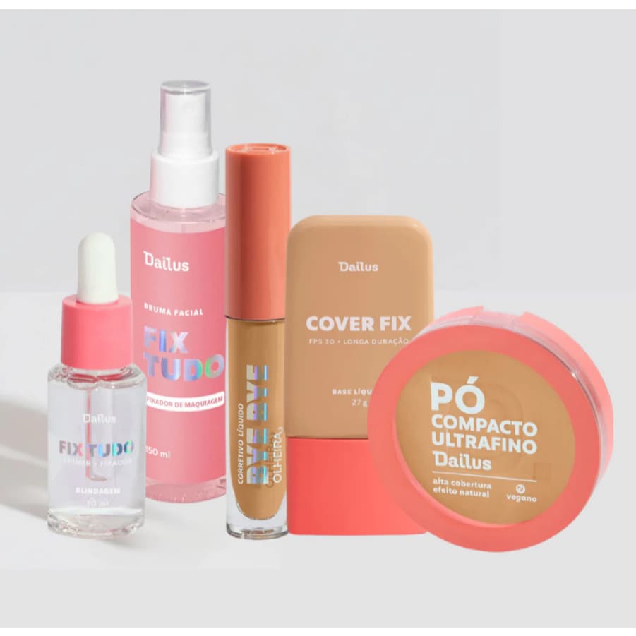 Kit Dailus Pele Completa | Blindagem + Bruma + Base Cover Fix + Corretivo Bye Bye Olheiras + Pó Compacto Ultrafino