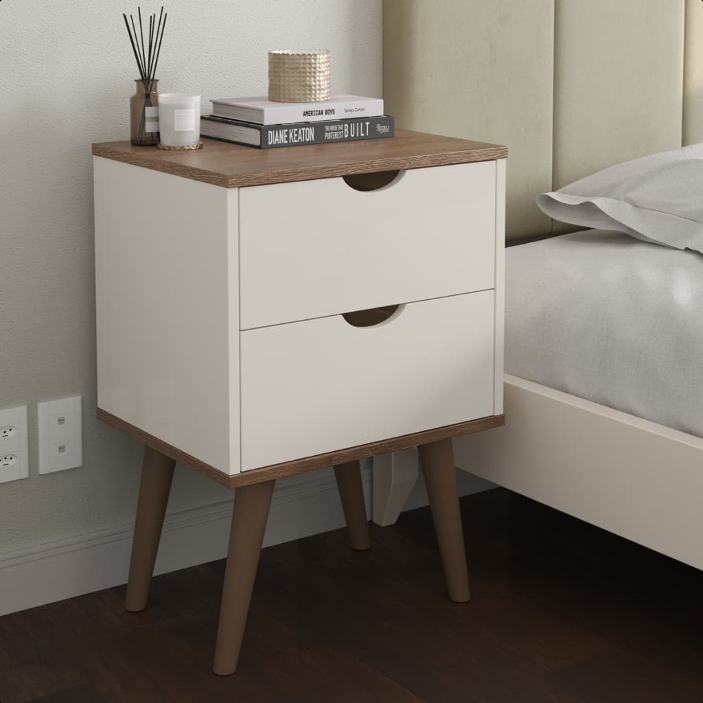Mesa de Cabeceira Madri Elegance 2 Gavetas Pés Palito Retrô Mesinha Lateral Cama Quarto