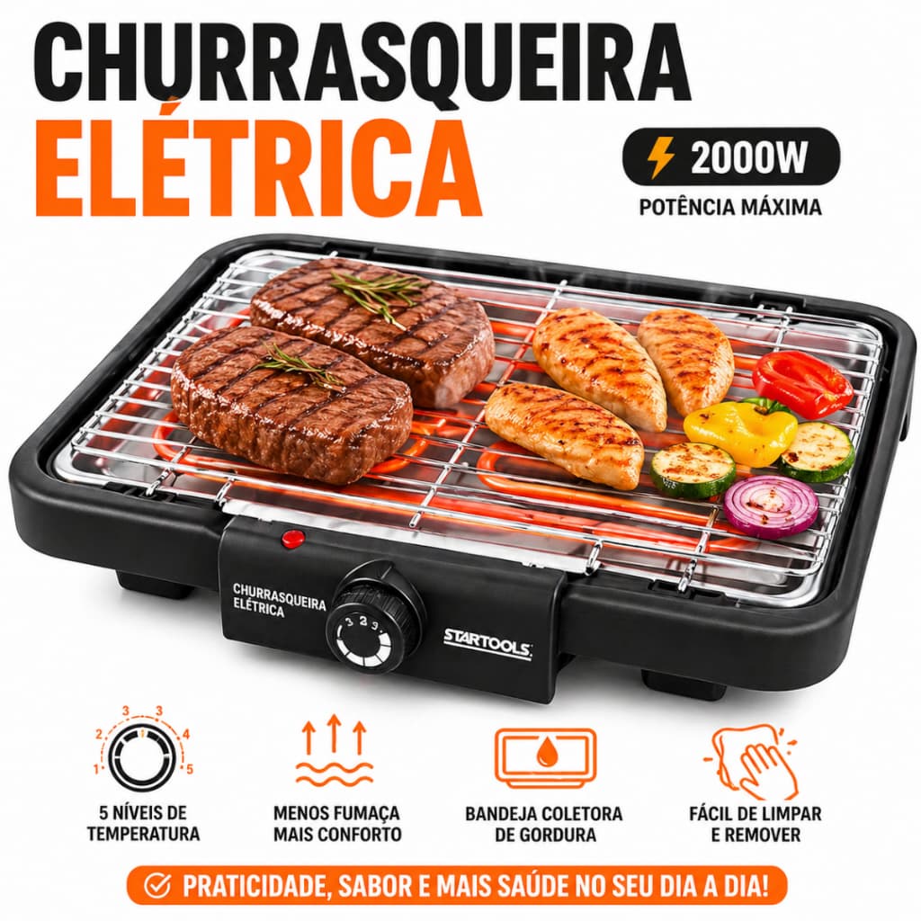 Churrasqueira Elétrica 2000W Grill Sem Fumaça Grelha Removível 127V Compacta Apartamento Sem Fumaca