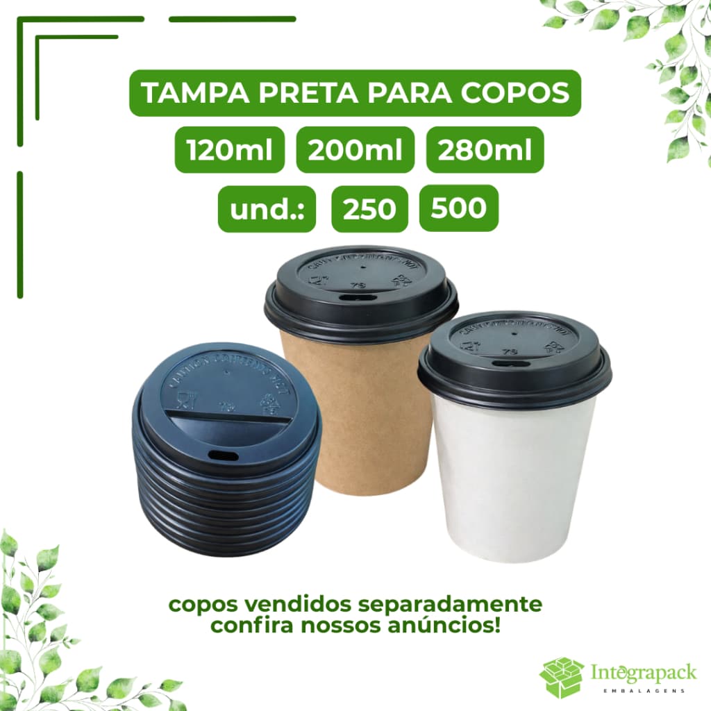 Tampa para Copo 120ml 200ml 280ml Preta Copo Descartável Papel Kraft Café Chá Bebidas 500und