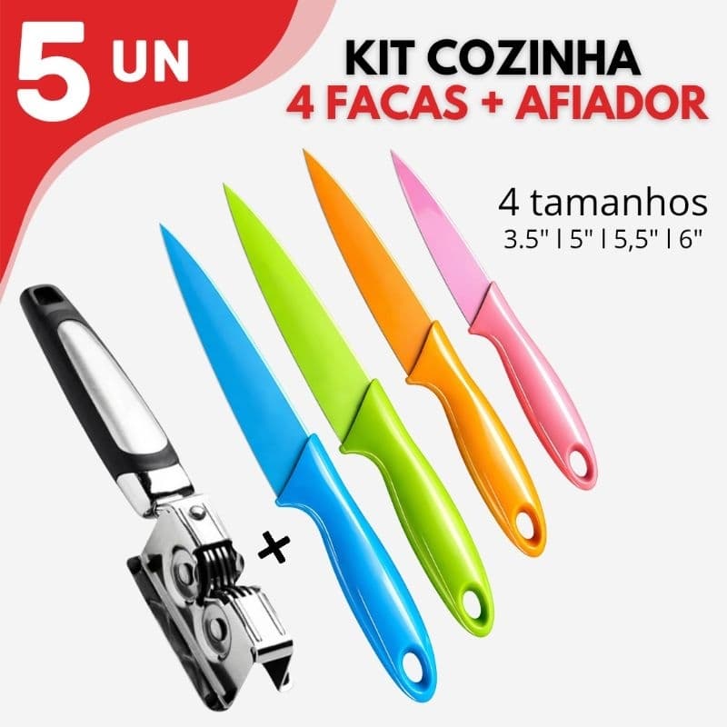 Kit 4 Facas Coloridas + Afiador Manual Profissional  Amolador Cozinha Premium