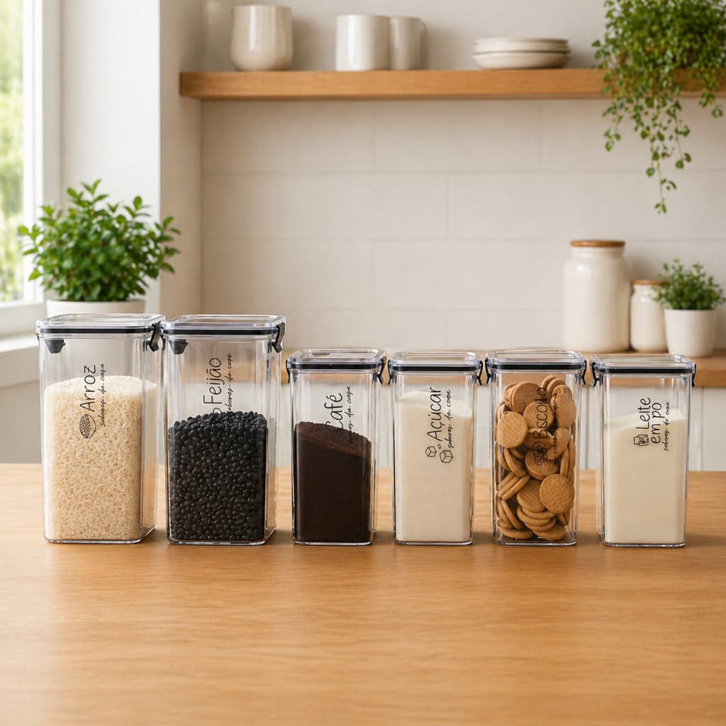 2 Potes de 2150 ml  + 4 Potes Herméticos 1450 ml | Porta Mantimentos Herméticos Acrílico Empilháveis Cozinha Dispensa
