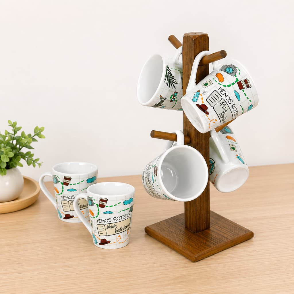 Kit 4 Xicaras para Cafe Decoração Viagem com Suporte de Madeira Presente Decoração de Casa
