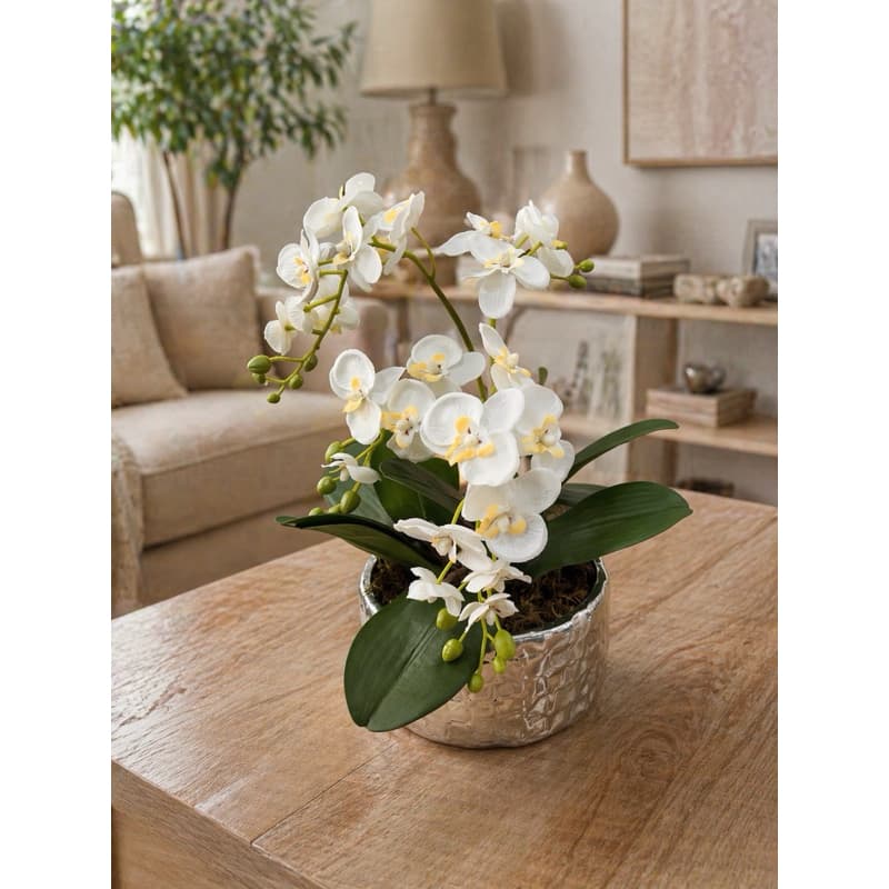 Orquídea Artificial Branca em Vaso Decorativo Luxo Realista com 2 Hastes –Decoração Elegante para Sala, Mesa ou Presente