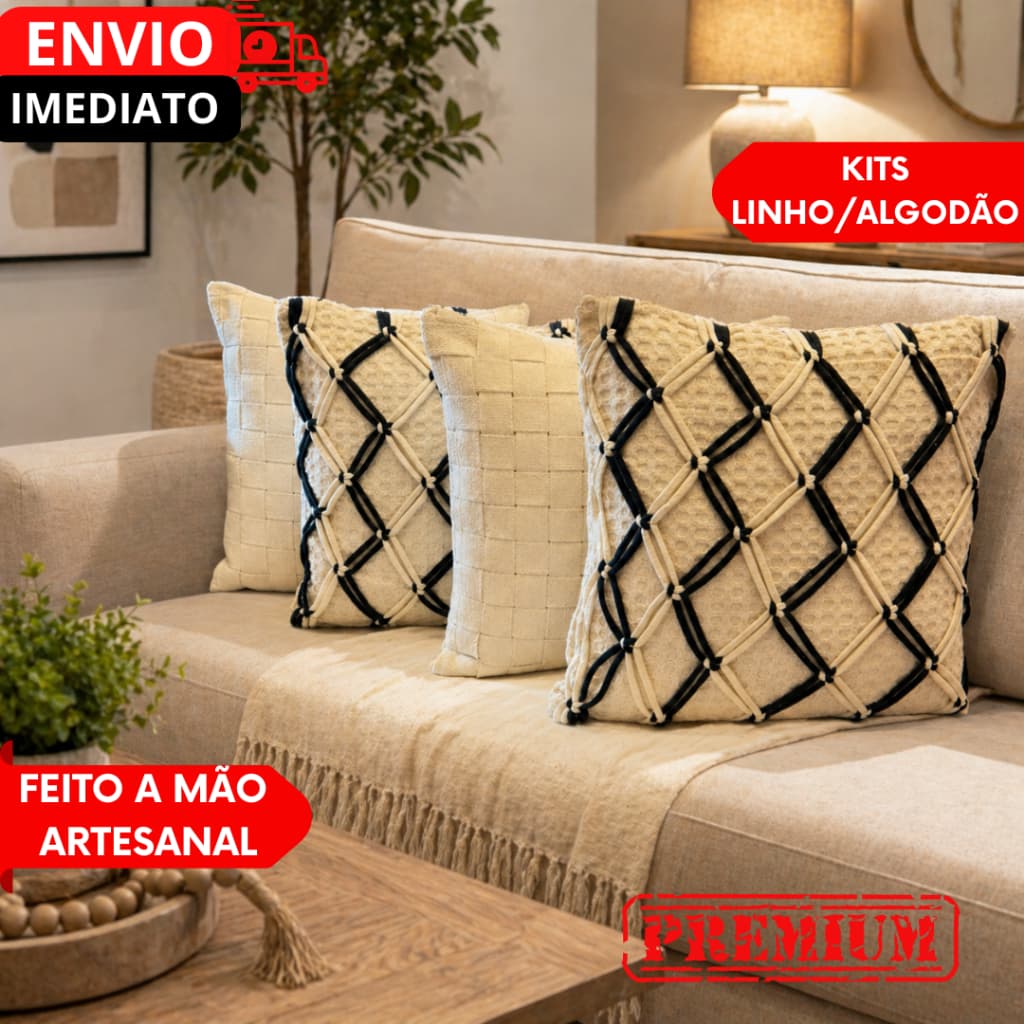 Kit 1/2/4 Peças boho Capa de Almofada Algodão Artesanal Premium Elegante, Decoração Sala, Sofá cama.