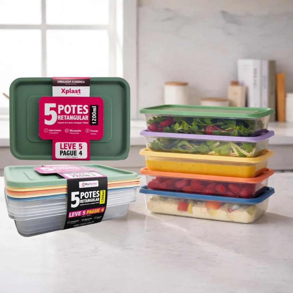 KIT 5 Potes De Plástico Retangular 1200ml ou 600ml Freezer Microondas  Lava Louça Livre De BPA