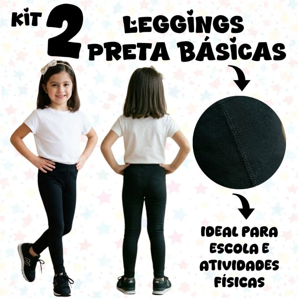 Kit 2 Legging Preta Menina Infantil 2 ao 14 Conforto Calça Legging Juvenil