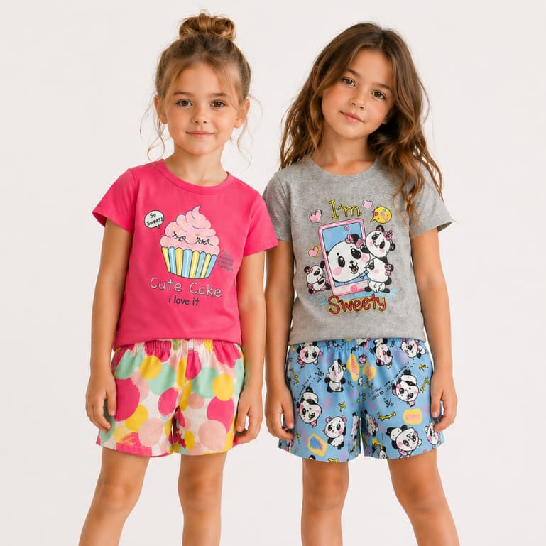 Kit Verão Menina 4 Peças - Conjunto Shorts e Camiseta Estampa Sortida 1 ao 14 Anos