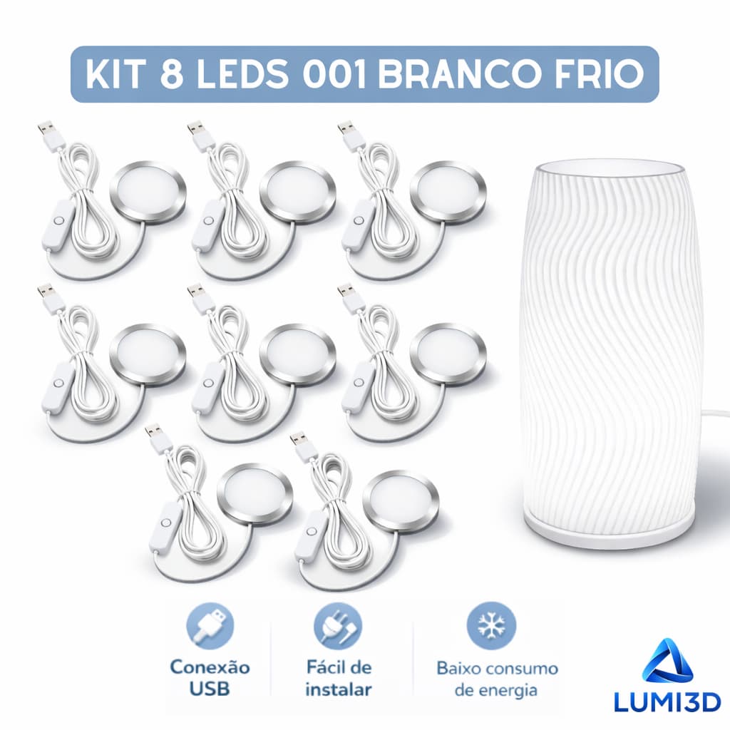 Kit 8x LED 001 Branco Frio USB 5V para Impressora 3D Bambu Lab Projeto DIY