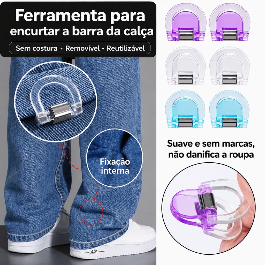 4 Clips Ajuste de Bainha para Calça – Sem Costura | Prático e Discreto