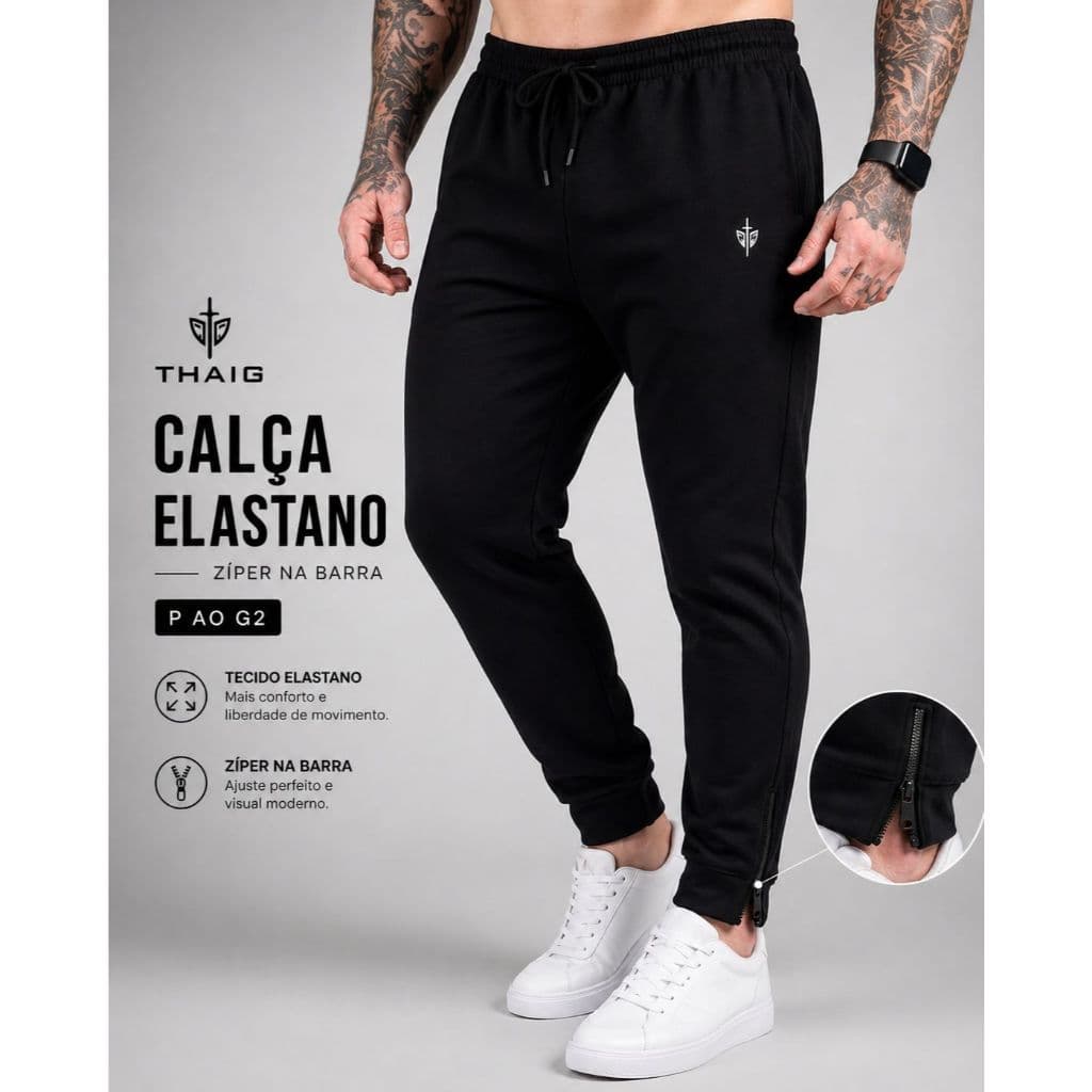 Calça Elastano Ziper Na Barra P ao G1 Dry Fit Masculina Jogger Tactel De Academia Plus Size