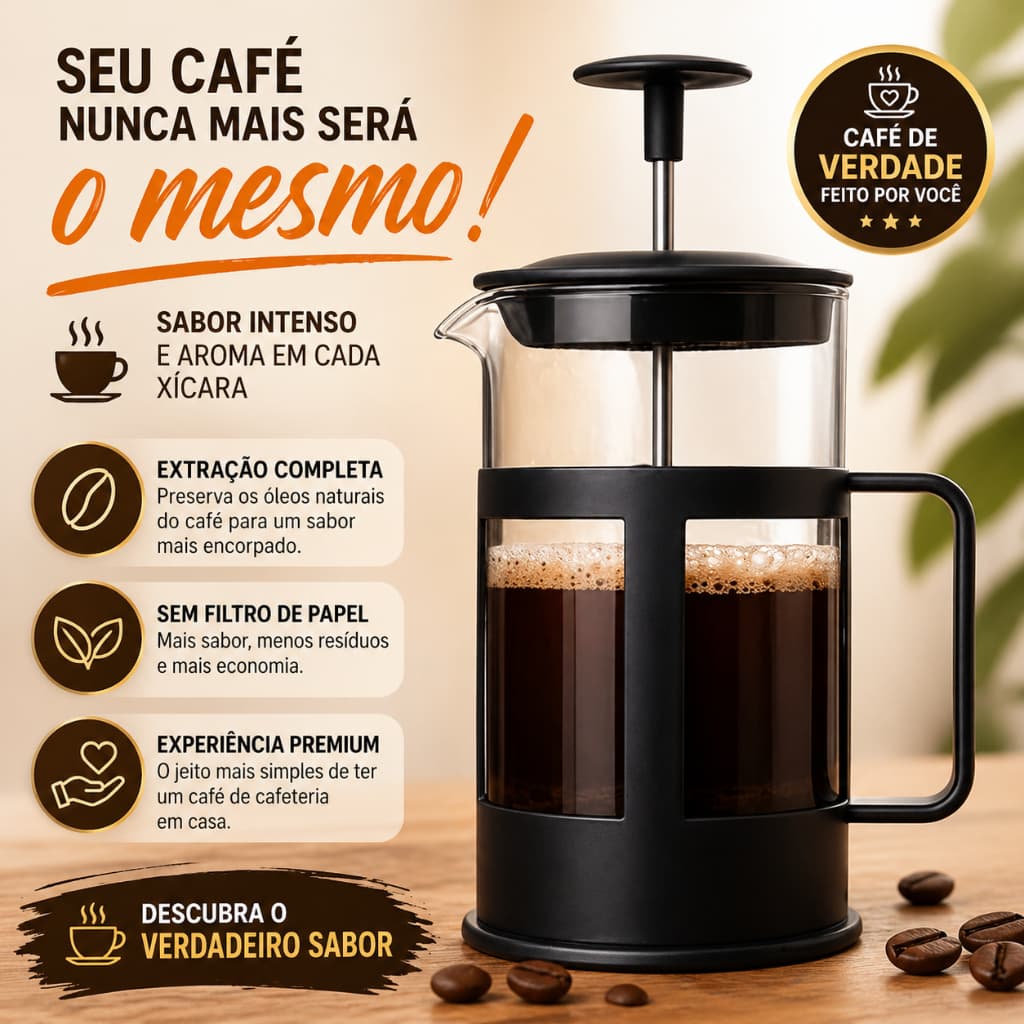 Prensa Francesa 350ml Cafeteira French Press Vidro Inox Café Gourmet Chá Compacta
